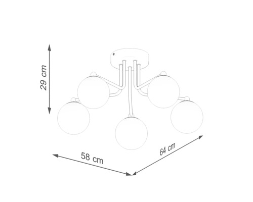 Desen tehnic al unei lămpi de plafon cu cinci brațe luminoase și abajururi rotunde, cu dimensiuni.
