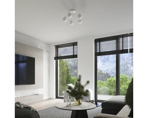 Living cu plafonieră, canapea și fereastră cu jaluzele