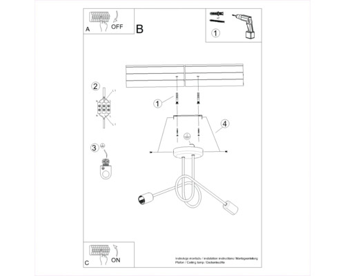 Instrucțiuni de montaj pentru o plafonieră cu pașii de instalare.