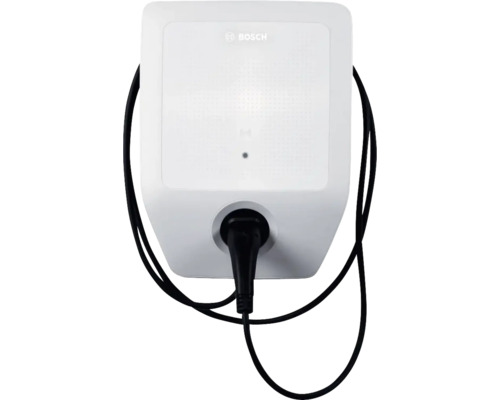 Logo Bosch. Stație de încărcare cu cablu de încărcare pentru vehicule electrice.