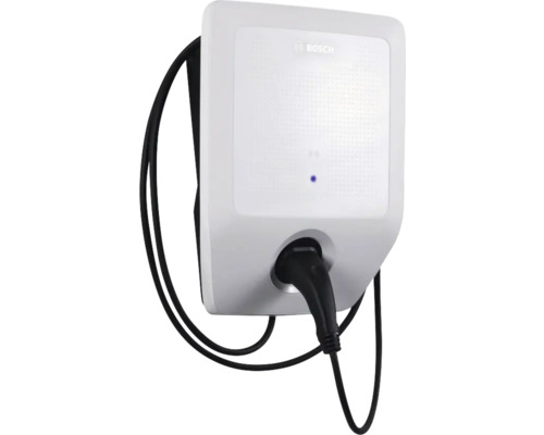 Logo Bosch. Stație de încărcare pentru mașini electrice cu cablu de încărcare.