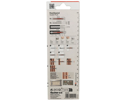 Spatele ambalajului diblului Fischer DuoXpand 10x80 FUS cu exemple de aplicare și detalii despre produs