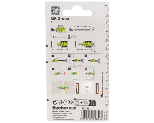 Set dibluri gips-carton Fischer GK Green S cu șuruburi și ajutor de montaj
