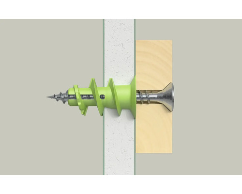 Dibl verde cu șurub în perete și lemn
