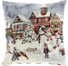 Pernă cu motiv de sat de iarnă și copii care se joacă