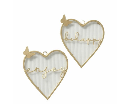 Pandantive decorative în formă de inimă cu inscripțiile „be happy” și „enjoy”.