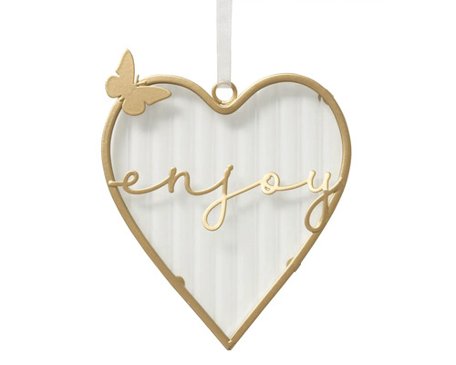 Formă decorativă de inimă cu inscripția Bucurați-vă și fluture ca decorație de fereastră