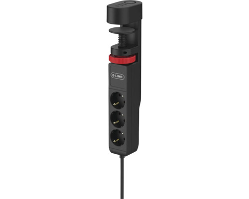 Prelungitor electric Q-Link 3 prize + 2x USB A+C 1,4m 3680W, negru, cu întrerupător, pentru masă/birou Logo Q-Link. Priză de masă cu trei prize și clemă de masă