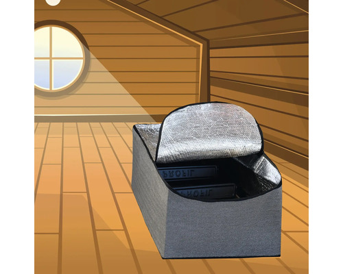 Cutie de depozitare gri cu izolație într-o cameră cu lambriuri din lemn