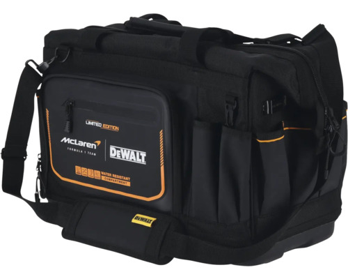 Geantă de scule neagră cu logo-ul McLaren Formula 1 Team și DeWalt