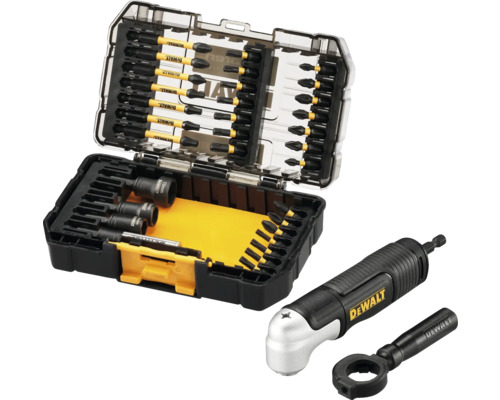Set de biți DeWalt cu accesorii pentru mașină de găurit în cutie deschisă