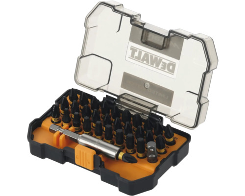 Set de biți Dewalt cu diverse vârfuri de șurubelniță și suport de biți într-o cutie de depozitare