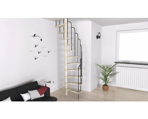 Imagine a unei camere cu o scară din lemn care economisește spațiu, cu balustradă metalică