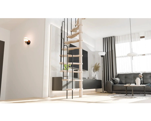 Vedere a camerei cu scară spiralată din lemn cu balustradă metalică