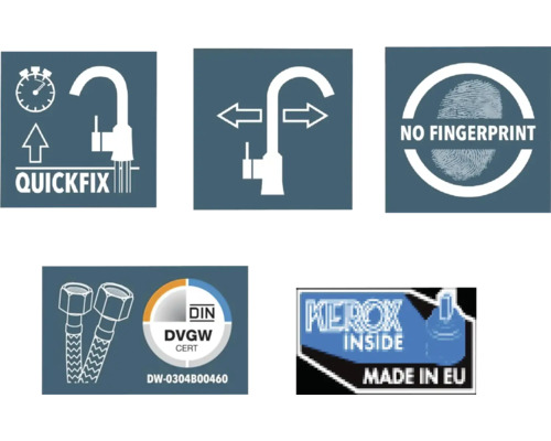 Simboluri pentru montare rapidă, interval de pivotare, fără amprente, Deutsches Institut für Normung DVGW Zert, Fabricat în UE