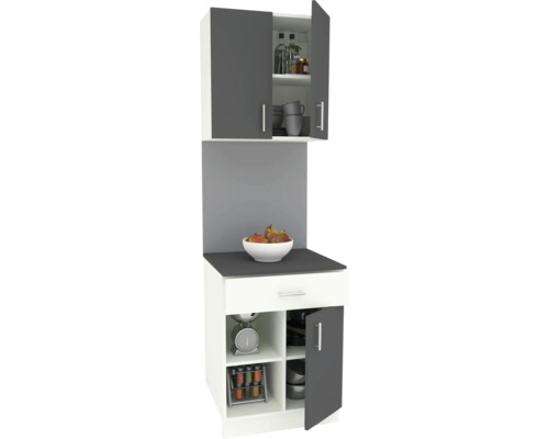 Dulap de bucătărie cu compartimente deschise și închise pentru depozitarea ustensilelor de bucătărie și a alimentelor.