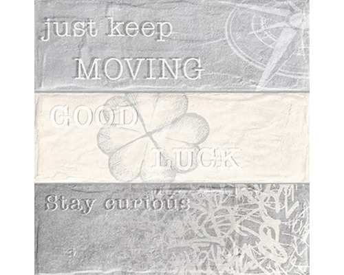 Placă decorativă cu mesajele Just keep moving, Good luck și Stay curious