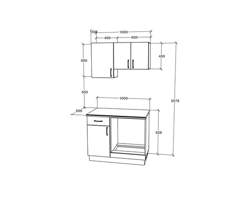 Imagine cu o linie de bucătărie cu dimensiuni pentru planificare