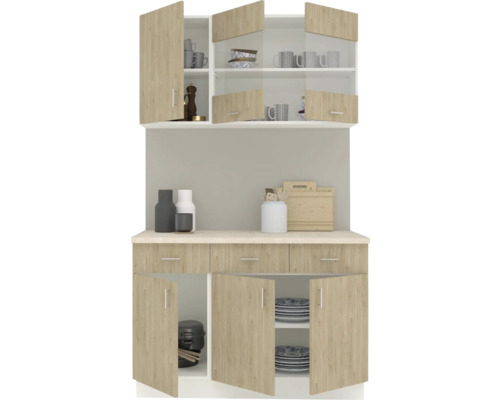 Dulap de bucătărie cu compartimente deschise și închise pentru depozitarea vaselor și a ustensilelor de bucătărie