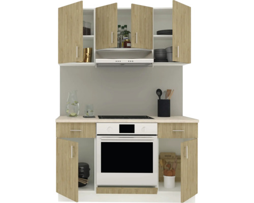 Bloc de bucătărie cu dulapuri suspendate, chiuvetă și aragaz electric