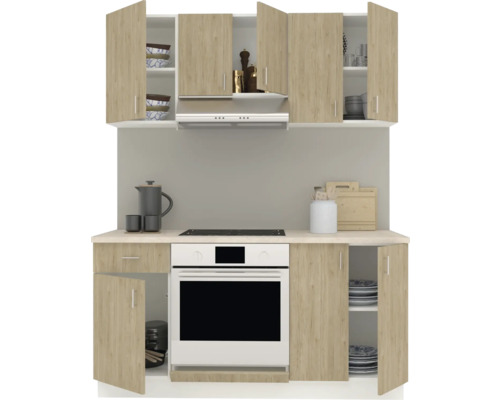 Aranjament de dulapuri de bucătărie cu dulapuri suspendate, hotă și cuptor încorporabil.