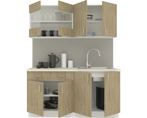 Dulap de bucătărie cu chiuvetă, robinet, vase și ustensile de bucătărie