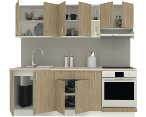 Bloc de bucătărie cu chiuvetă, aragaz, hotă și spațiu de depozitare