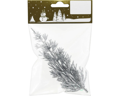 Ramură decorativă plastic 14 cm argintiu Ramură de brad sclipitoare în ambalaj ca decorațiune de Crăciun