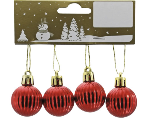 Set globuri Crăciun plastic Ø 3 cm roșu 4 buc. Patru globuri roșii de Crăciun cu suprafață canelată pentru agățat