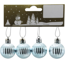 Patru globuri de Crăciun ondulate, de culoare albastru deschis, pe cutie de carton aurie