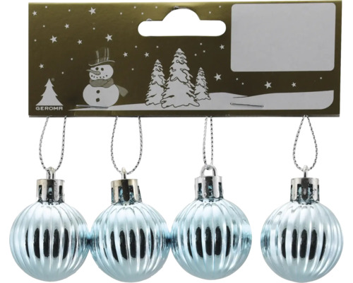 Set globuri Crăciun plastic Ø 3 cm albastru 4 buc. Patru globuri de Crăciun ondulate, de culoare albastru deschis, pe cutie de carton aurie