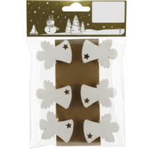 Pachet cu șase pandantive din lemn în formă de îngeri cu o stea decupată