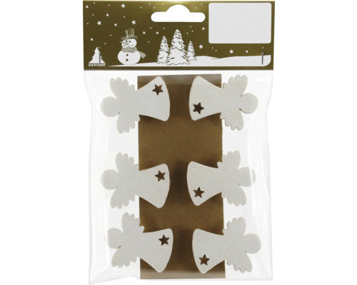 Set cleme Înger cu stea alb 6 buc. Pachet cu șase pandantive din lemn în formă de îngeri cu o stea decupată