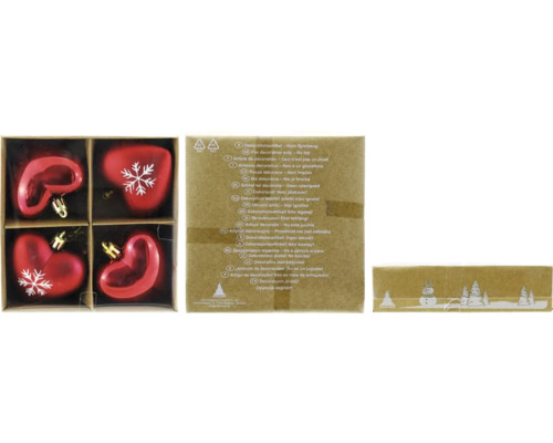 Set globuri Crăciun inimioară plastic 6,5 cm cm roșu 4 buc. Set de patru globuri de pom de Crăciun în formă de inimă cu model de fulg de zăpadă pentru decorare
