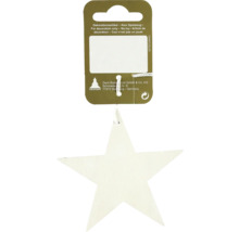 Decorațiune din lemn în formă de stea pe o etichetă.