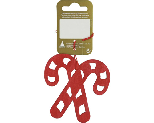 Decorațiune bomboană cu agățătoare lemn 8 cm roșu Două bastoane de bomboane din lemn încrucișate ca ornament pentru pomul de Crăciun