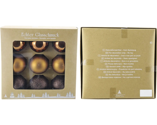 Set globuri Crăciun sticlă Ø 6 cm arămiu 9 buc. Ambalaj cu globuri de Crăciun din sticlă autentică