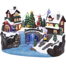 Decorațiune de Crăciun cu case, pod, cascadă, pomi și figurine