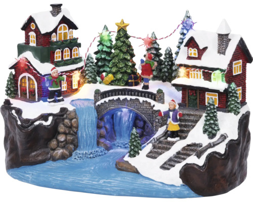 Decorațiune de Crăciun cu case, pod, cascadă, pomi și figurine