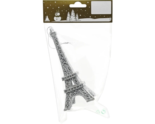Decorațiune turnul Eiffel cu agățătoare plastic 15 cm argintiu Decorațiune de brad Turnul Eiffel în ambalaj