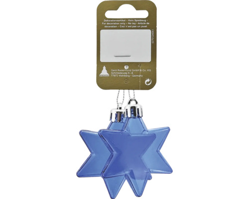 Set 2 stele cu agățătoare plastic 7 cm albastru Globuri albastre de Crăciun în formă de stea pe o carte cu etichetă