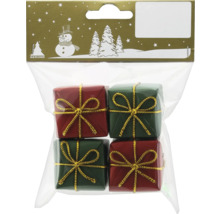 Pachet cu patru cutii mici de cadouri în roșu și verde cu panglică aurie ca decorațiuni de Crăciun