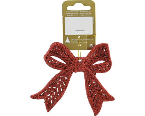 Decorațiune fundă cu agățătoare plastic 11,5x9,8 cm roșu cu sclipici Ornament decorativ fundă pentru bradul de Crăciun