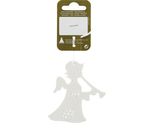 Decorațiune Înger 6,5x8 cm alb Pandantiv din lemn înger cu trompetă ca decorațiune de Crăciun