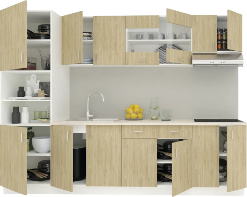 Bloc de bucătărie cu chiuvetă, aragaz și dulapuri suspendate pentru echipamentul de bucătărie