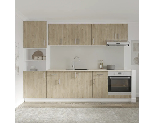 Bucătărie cu chiuvetă, aragaz, dulapuri suspendate și rafturi într-un design luminos