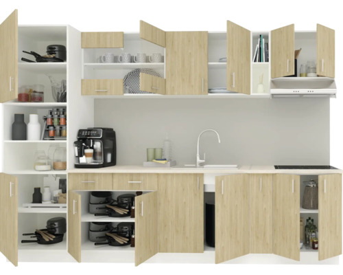 Bucătărie completă cu dulapuri superioare și inferioare, precum și diverse ustensile de bucătărie.