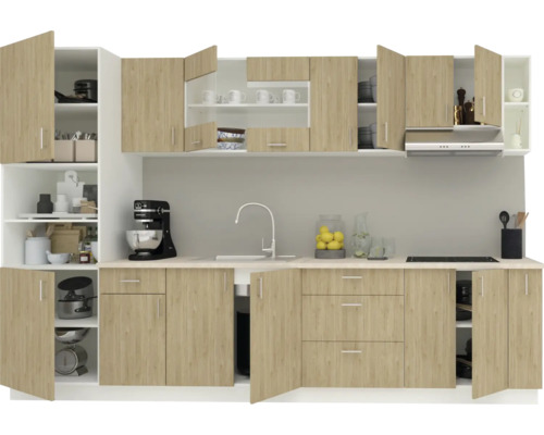 Bucătărie completă cu dulapuri superioare și inferioare într-un design modern