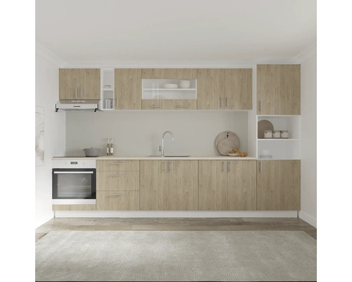 Bucătărie încorporată luminoasă cu aspect de lemn și elemente albe