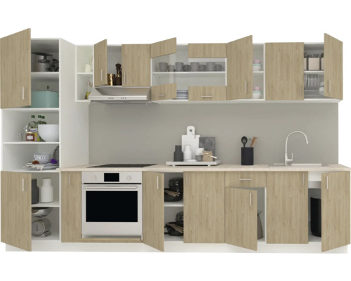 Mobilier de bucătărie cu corpuri superioare și inferioare, cuptor încorporat și chiuvetă